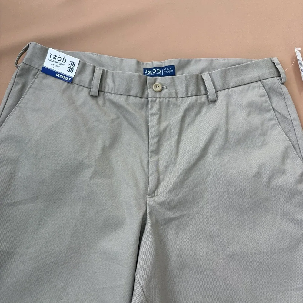 IZOD American Chino Pants Mens 38x30 (29) Khaki Straight Fit Flat Front New Golf